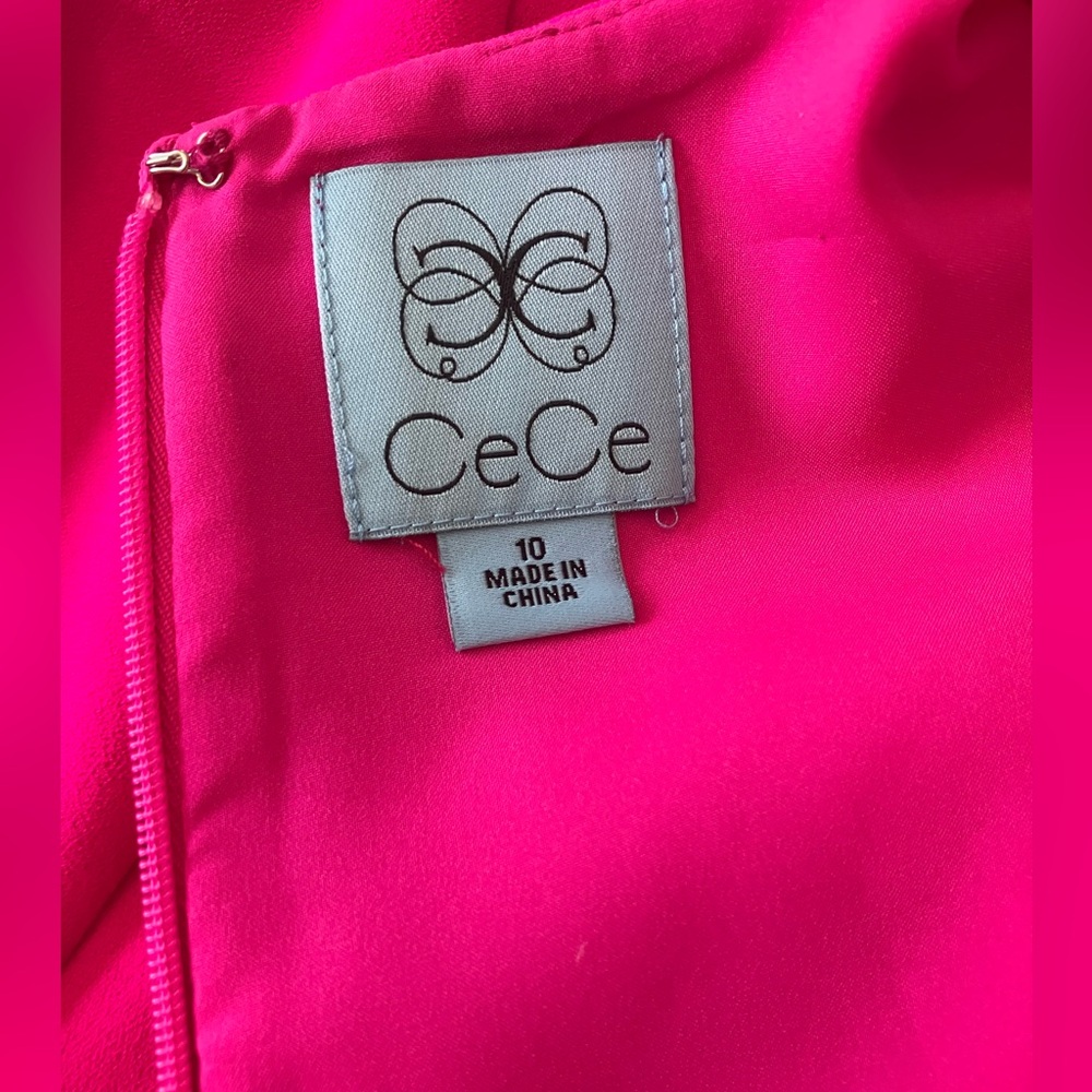 CeCe Hot Pink Shift Dress ¾ Sleeve Tie Round Neck Knee Length Size 10 - Picture 9 of 14